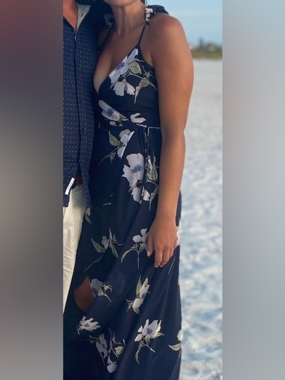 LULUS NAVY BLUE FLORAL PRINT HIGH-LOW WRAP DRESS